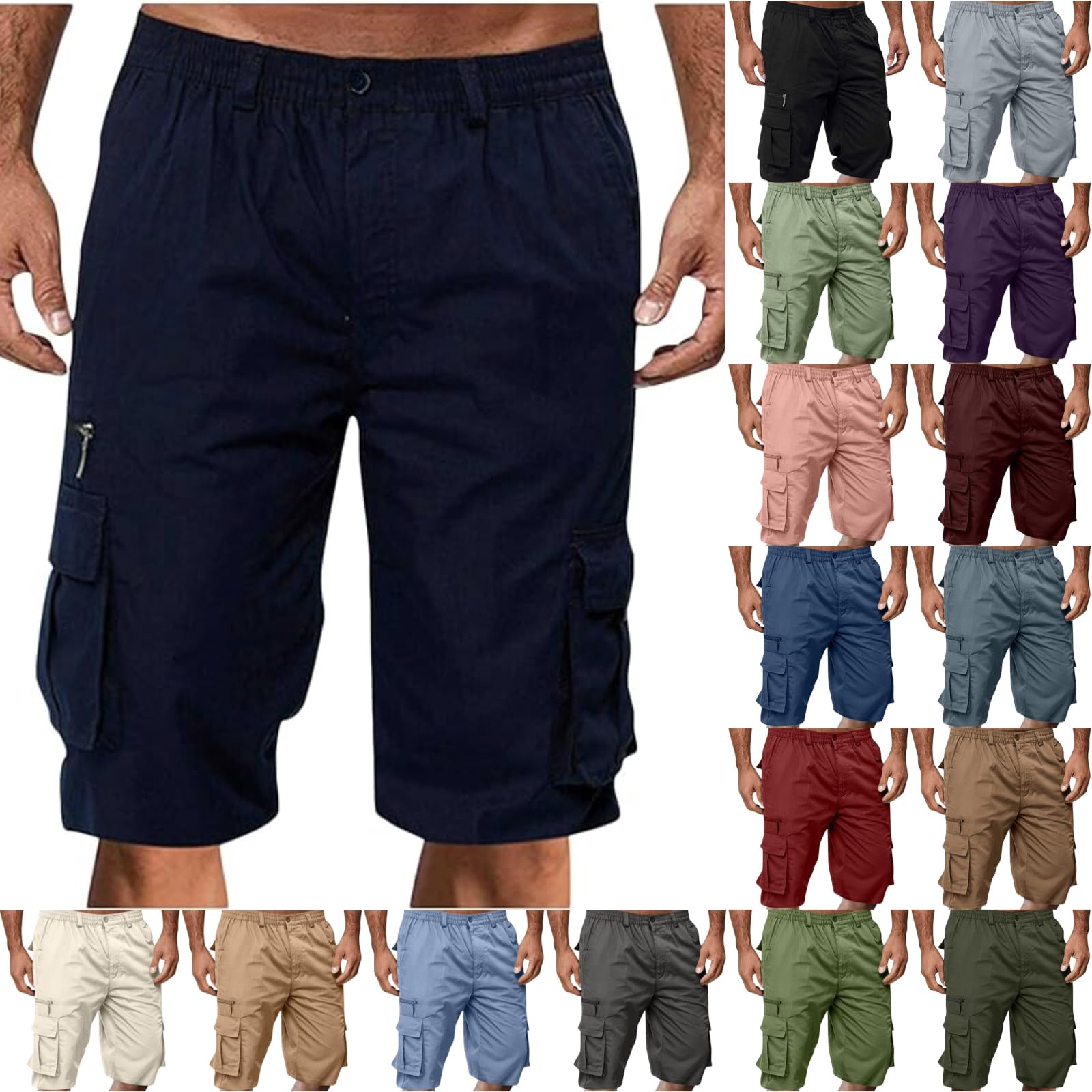 Cargo Shorts for Men Casual Summer Hiking Pants Elastic Waist Big and Tall Knee Length Multi-Pockets Bermuda Shorts